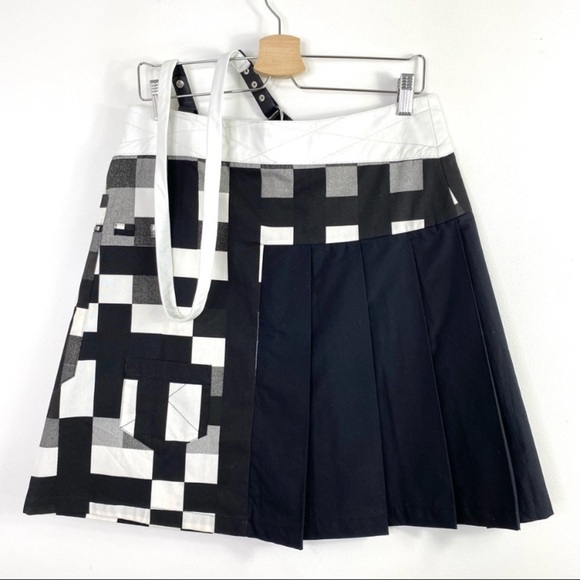 CUSTO Barcelona Leather Suspender Gingham Mini Skirt Black with White Size M New - Picture 3 of 10